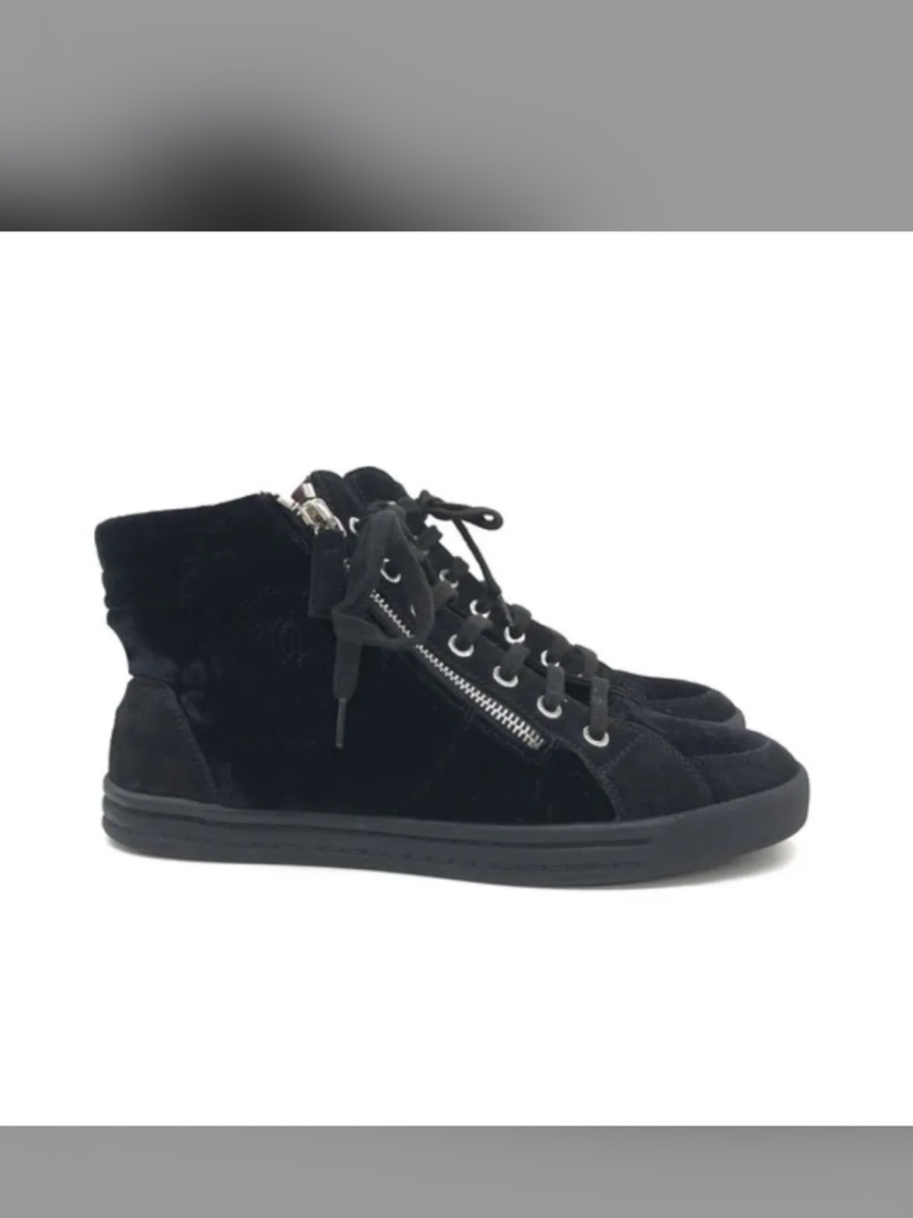 CHANEL Black Velvet Lace-Up High-Top Boots with Side Zip